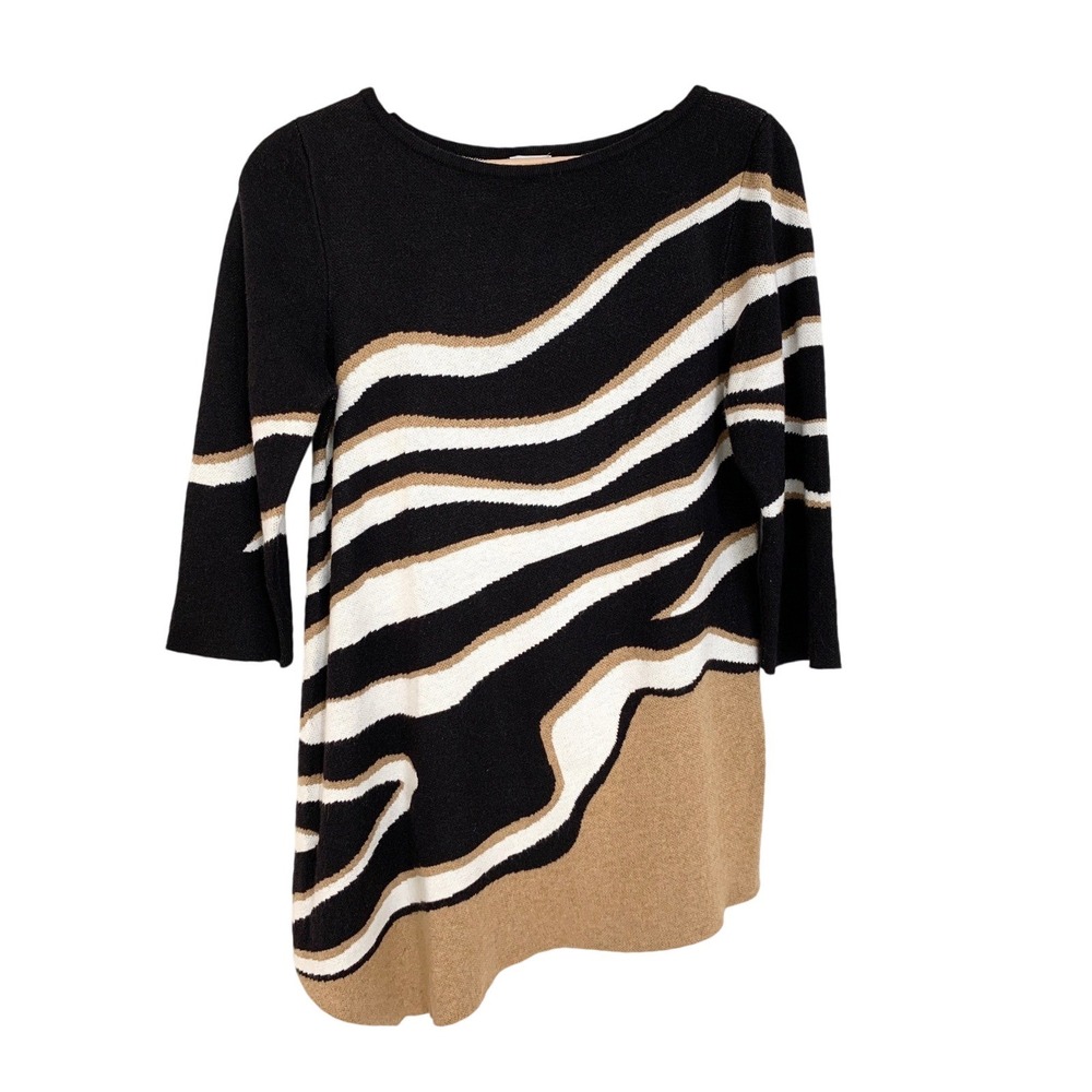 Chicos Asymetric Stripe Zebra Wave Knit Tunic Size 1 (M) Sweater Black Tan